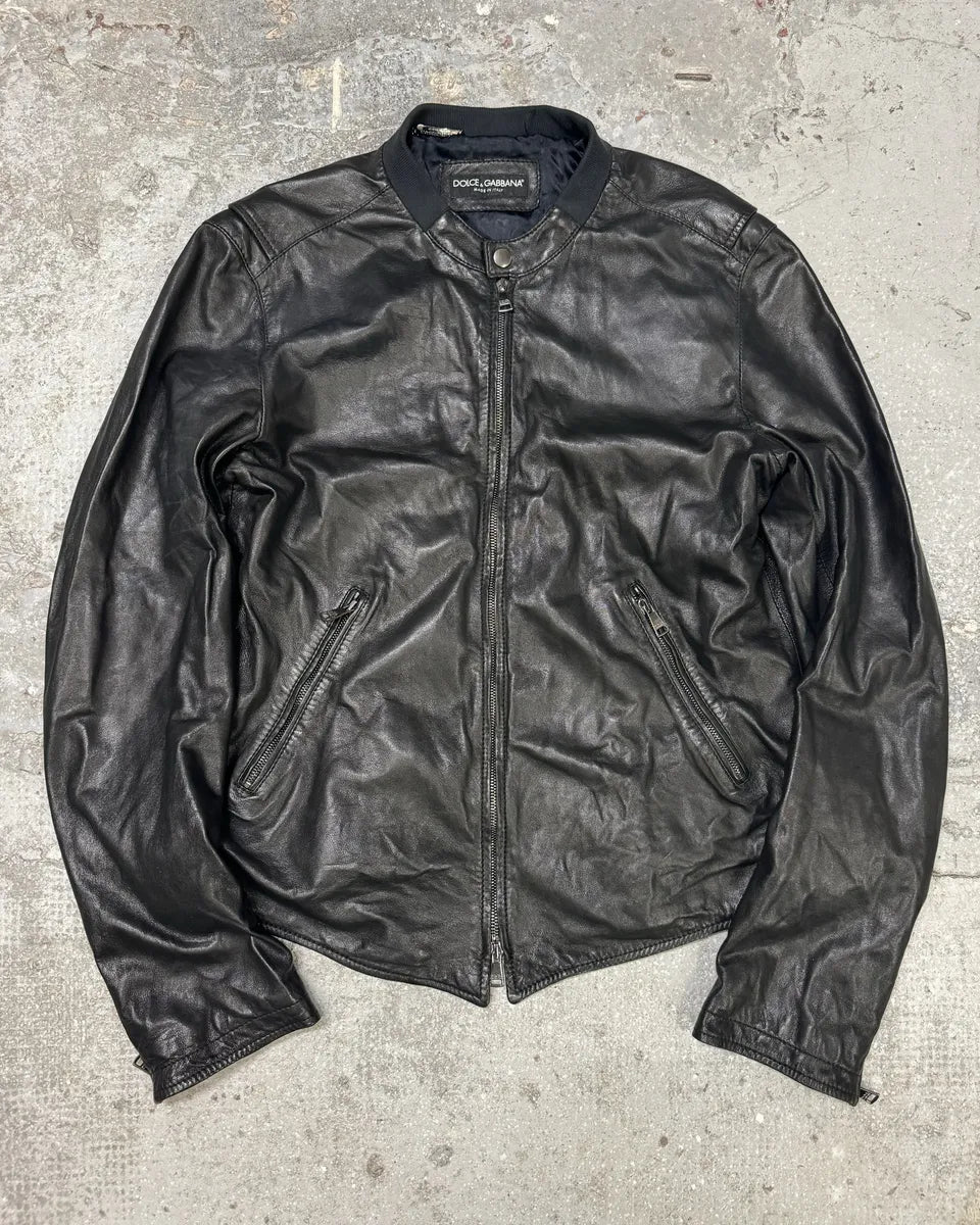FW2014 Dolce & Gabbana Black Minimalist Biker Leather Jacket (M) 0