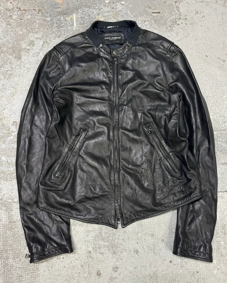 FW2014 Dolce & Gabbana Black Minimalist Biker Leather Jacket (M) 1