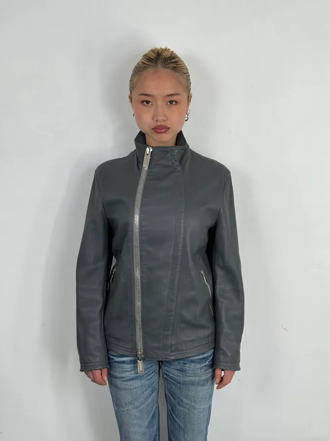 SS2014 Emporio Armani Asymmetrical Petrol Grey Leather Jacket TPajsfb 2