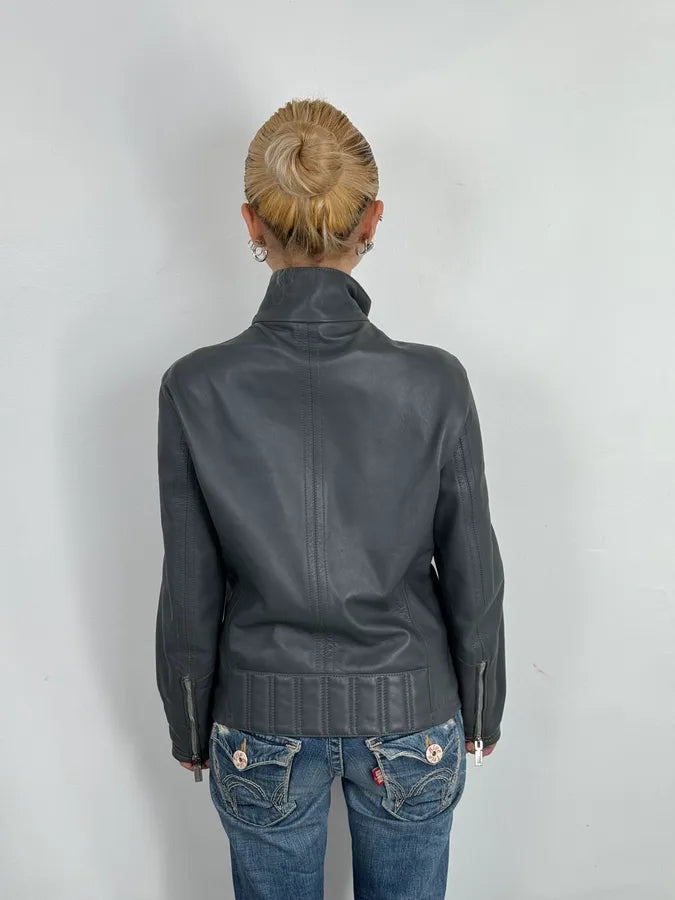 SS2014 Emporio Armani Asymmetrical Petrol Grey Leather Jacket TPajsfb 3