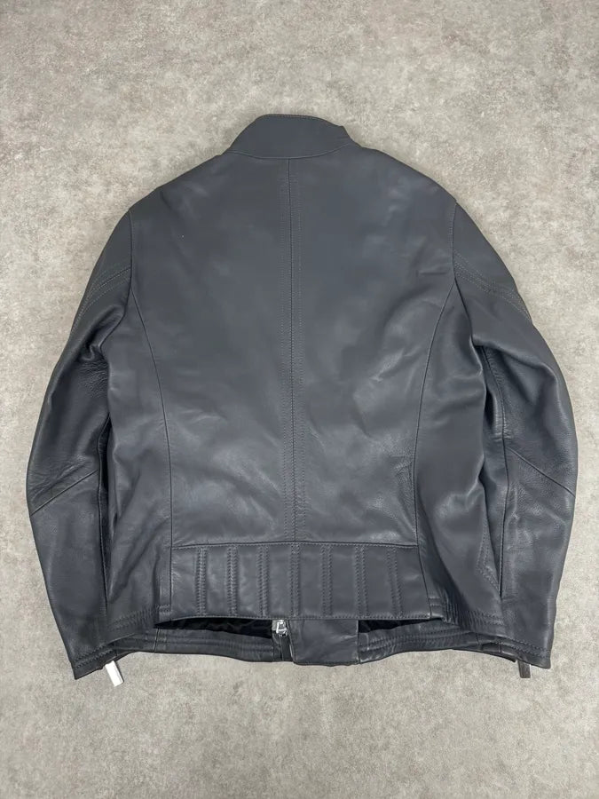 SS2014 Emporio Armani Asymmetrical Petrol Grey Leather Jacket TPajsfb 4
