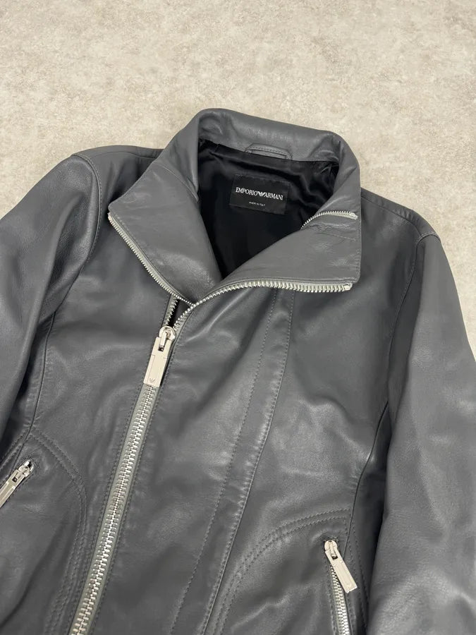 SS2014 Emporio Armani Asymmetrical Petrol Grey Leather Jacket TPajsfb 6