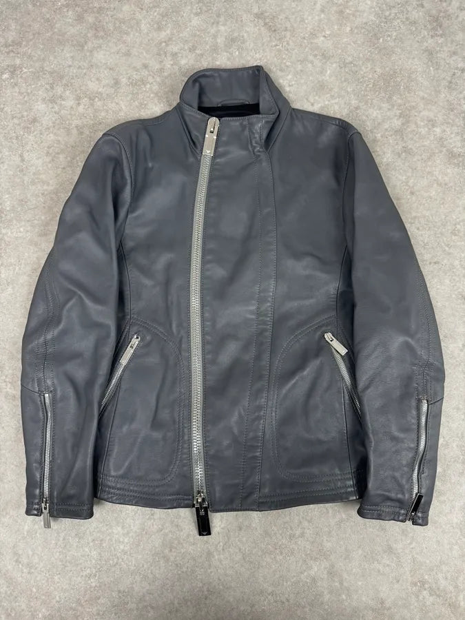 SS2014 Emporio Armani Asymmetrical Petrol Grey Leather Jacket TPajsfb 0