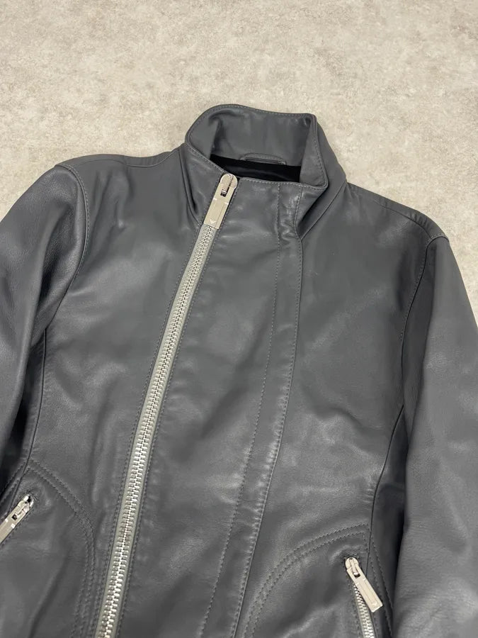 SS2014 Emporio Armani Asymmetrical Petrol Grey Leather Jacket TPajsfb 5