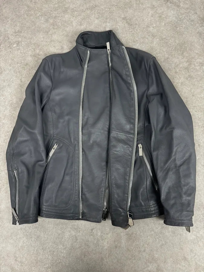 SS2014 Emporio Armani Asymmetrical Petrol Grey Leather Jacket TPajsfb 1