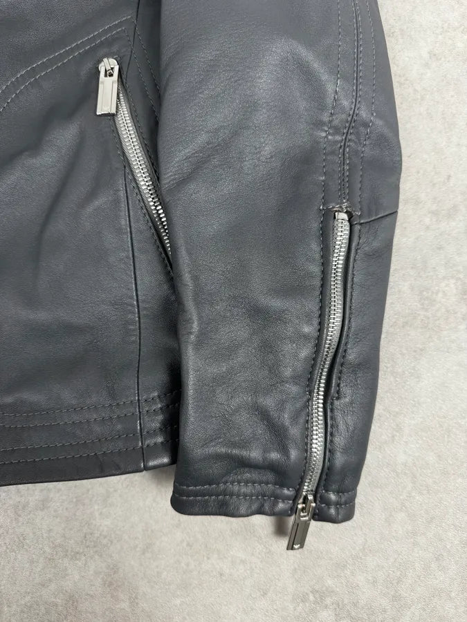SS2014 Emporio Armani Asymmetrical Petrol Grey Leather Jacket TPajsfb 9