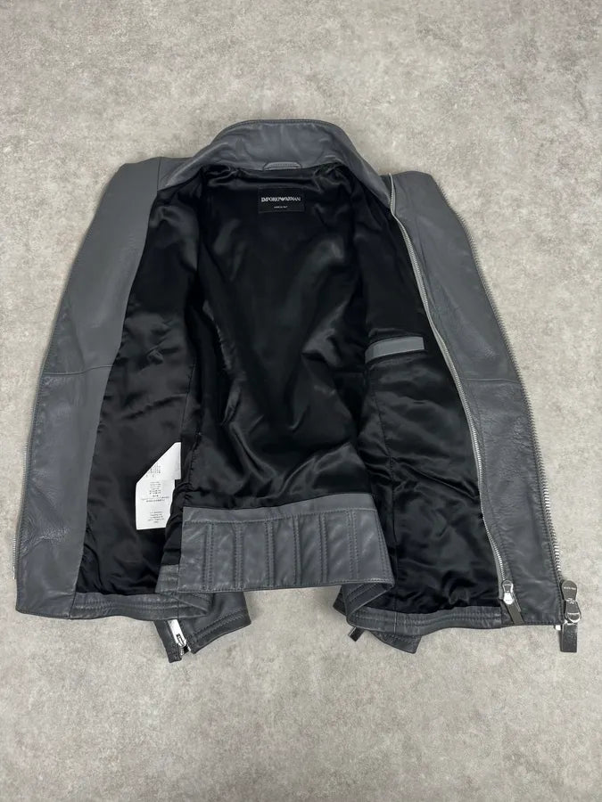 SS2014 Emporio Armani Asymmetrical Petrol Grey Leather Jacket TPajsfb 8