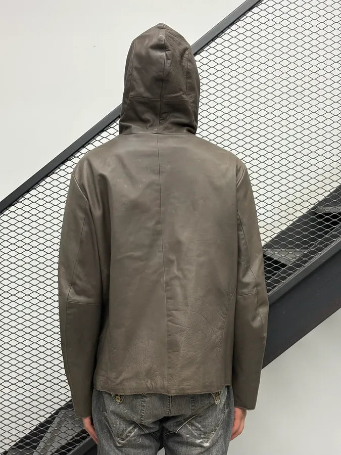 FW2013 Emporio Armani Taupe Leather Hooded Leather Jacket EclvqvK 2