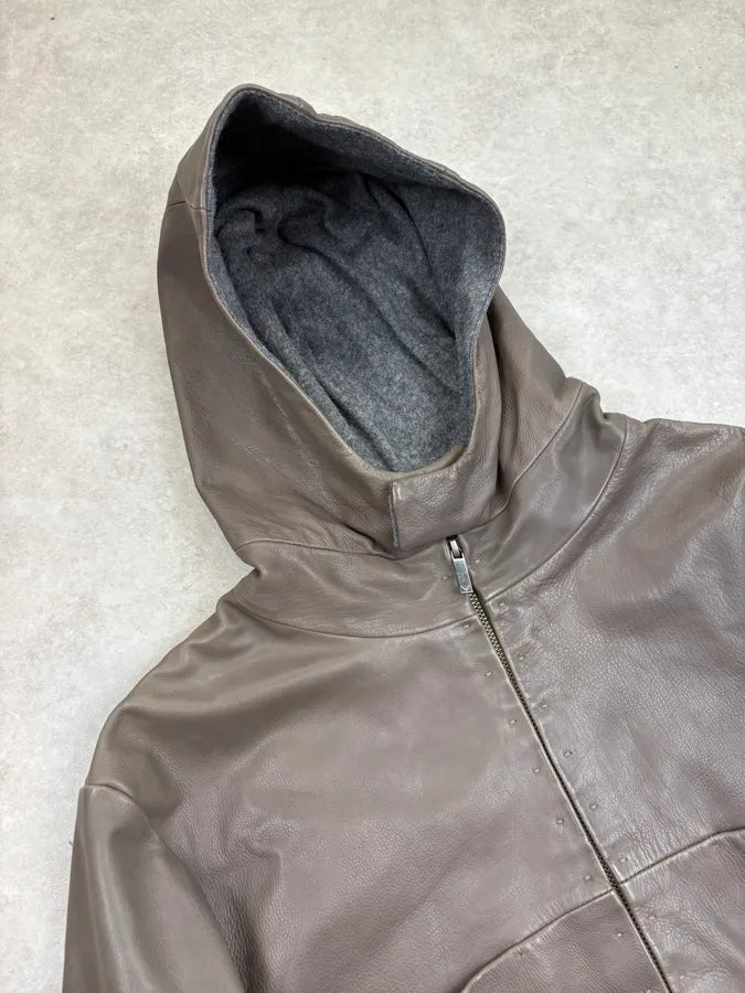 FW2013 Emporio Armani Taupe Leather Hooded Leather Jacket EclvqvK 4