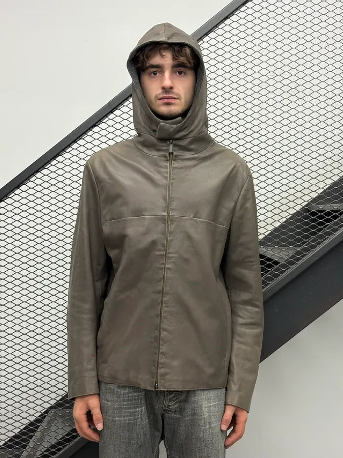 FW2013 Emporio Armani Taupe Leather Hooded Leather Jacket EclvqvK 1