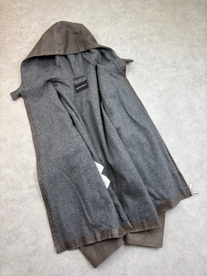 FW2013 Emporio Armani Taupe Leather Hooded Leather Jacket EclvqvK 6