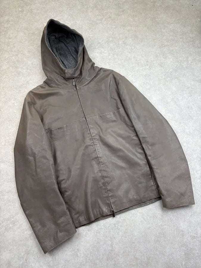 FW2013 Emporio Armani Taupe Leather Hooded Leather Jacket EclvqvK 3
