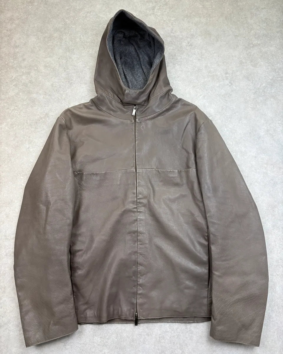 FW2013 Emporio Armani Taupe Leather Hooded Leather Jacket EclvqvK 0