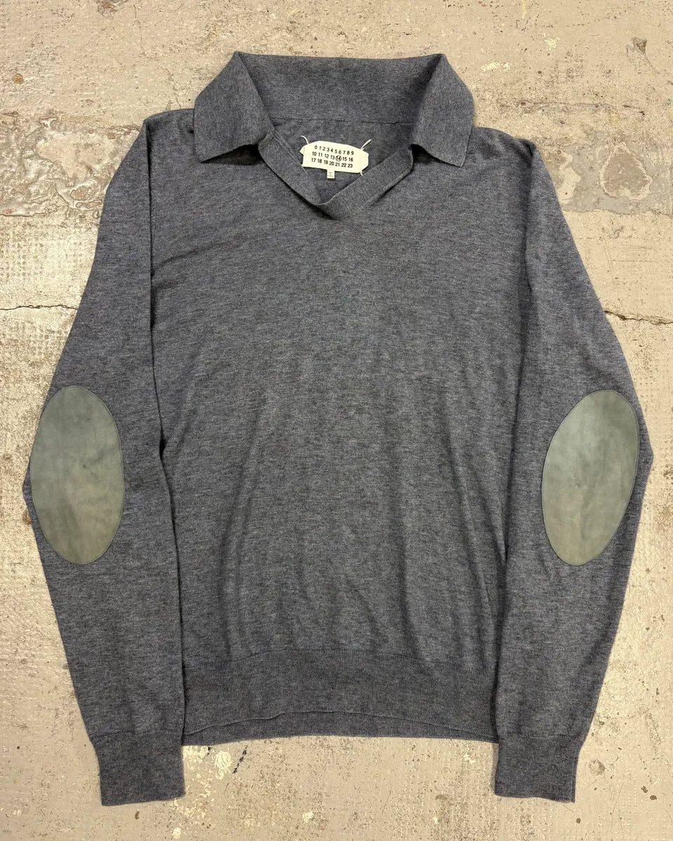 SS2014 Maison Margiela Grey Leather Elbow Patch Polo Sweater KbNjzVn 0