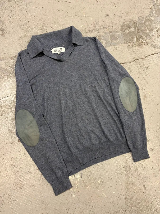SS2014 Maison Margiela Grey Leather Elbow Patch Polo Sweater KbNjzVn 3