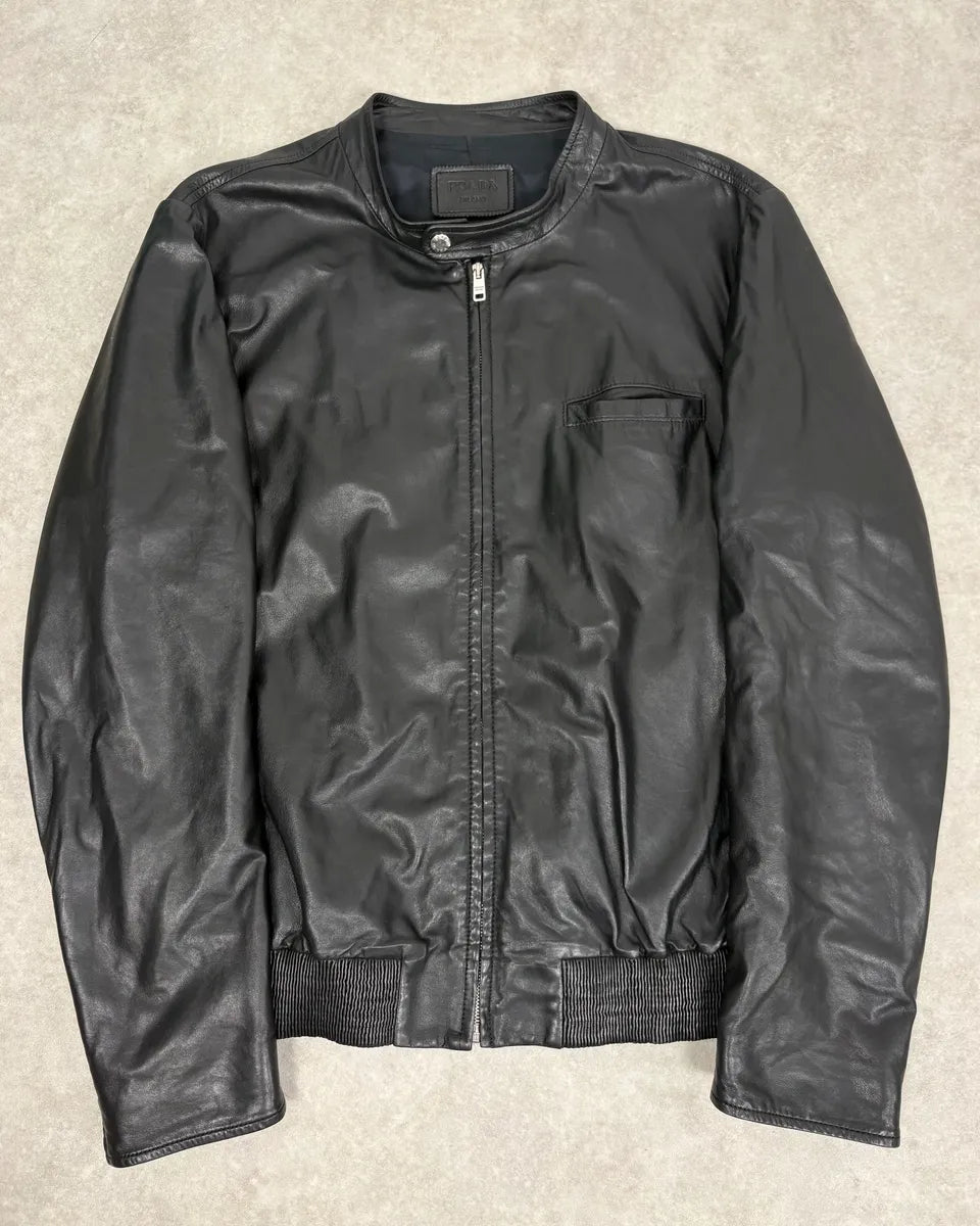 FW2014 Prada Black Minimalist Leather Biker Jacket cxHfcnt 0