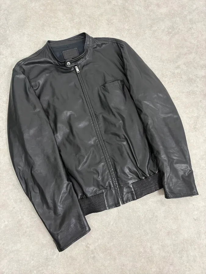 FW2014 Prada Black Minimalist Leather Biker Jacket cxHfcnt 3