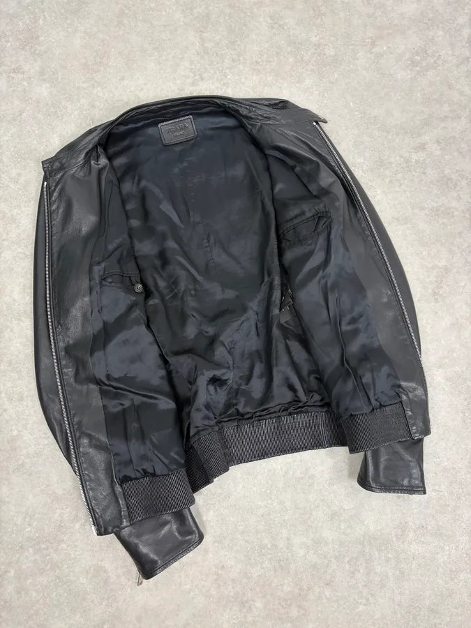 FW2014 Prada Black Minimalist Leather Biker Jacket cxHfcnt 6