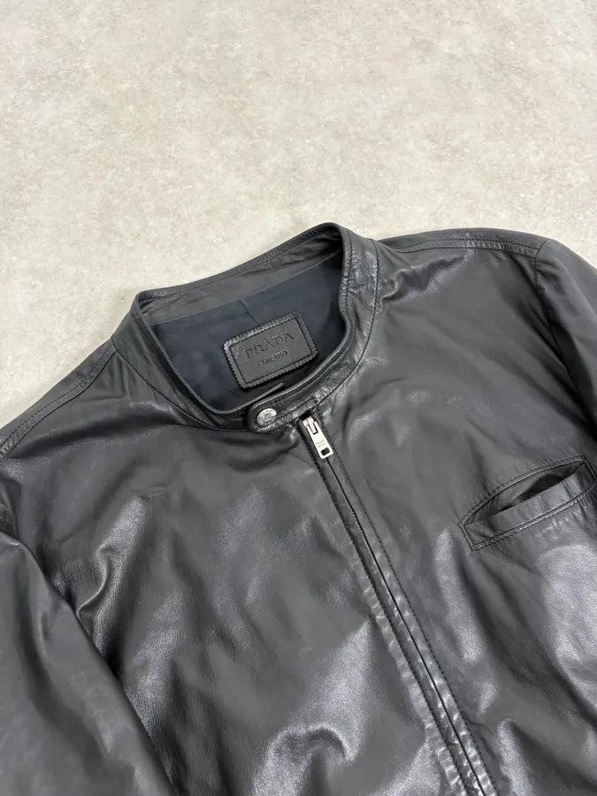 FW2014 Prada Black Minimalist Leather Biker Jacket cxHfcnt 4
