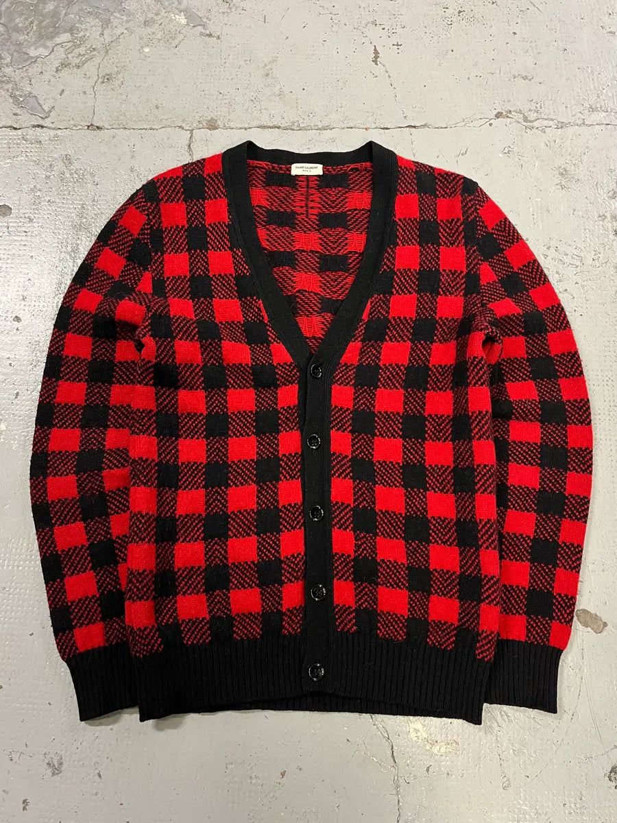 FW2014 Saint Laurent Alpaca Wool Red & Black Checkered Cardigan iAjtMCD 0