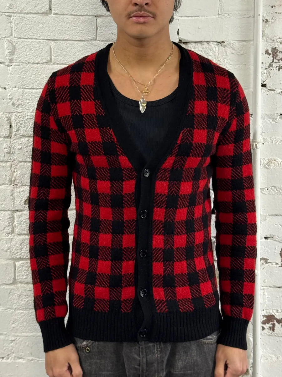 FW2014 Saint Laurent Alpaca Wool Red & Black Checkered Cardigan iAjtMCD 1