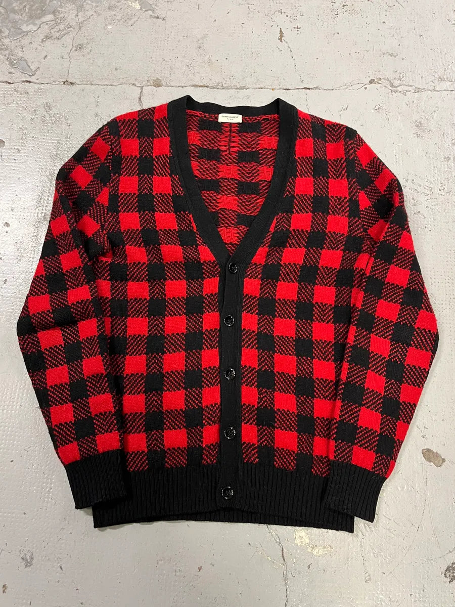 FW2014 Saint Laurent Alpaca Wool Red & Black Checkered Cardigan iAjtMCD 3