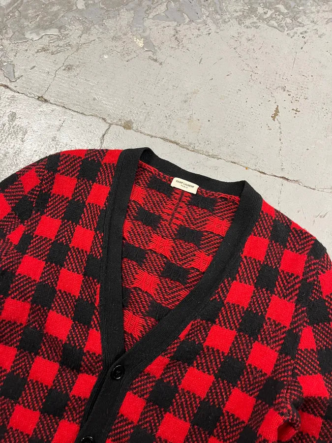 FW2014 Saint Laurent Alpaca Wool Red & Black Checkered Cardigan iAjtMCD 4