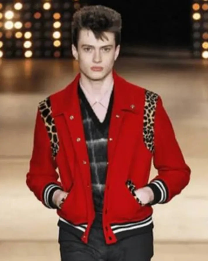 FW2014 Saint Laurent Red Wool Leopard Panel Teddy Jacket by Hedi Slimane BiIeCoYa 1