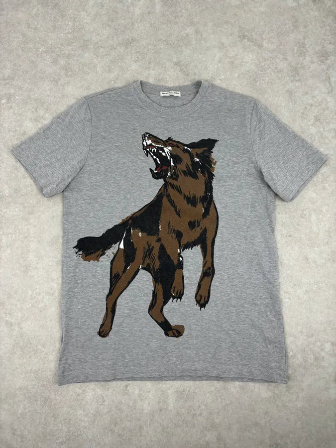 FW2015 Balenciaga Grey Cotton Wolf Graphic T-Shirt zLACApX 0