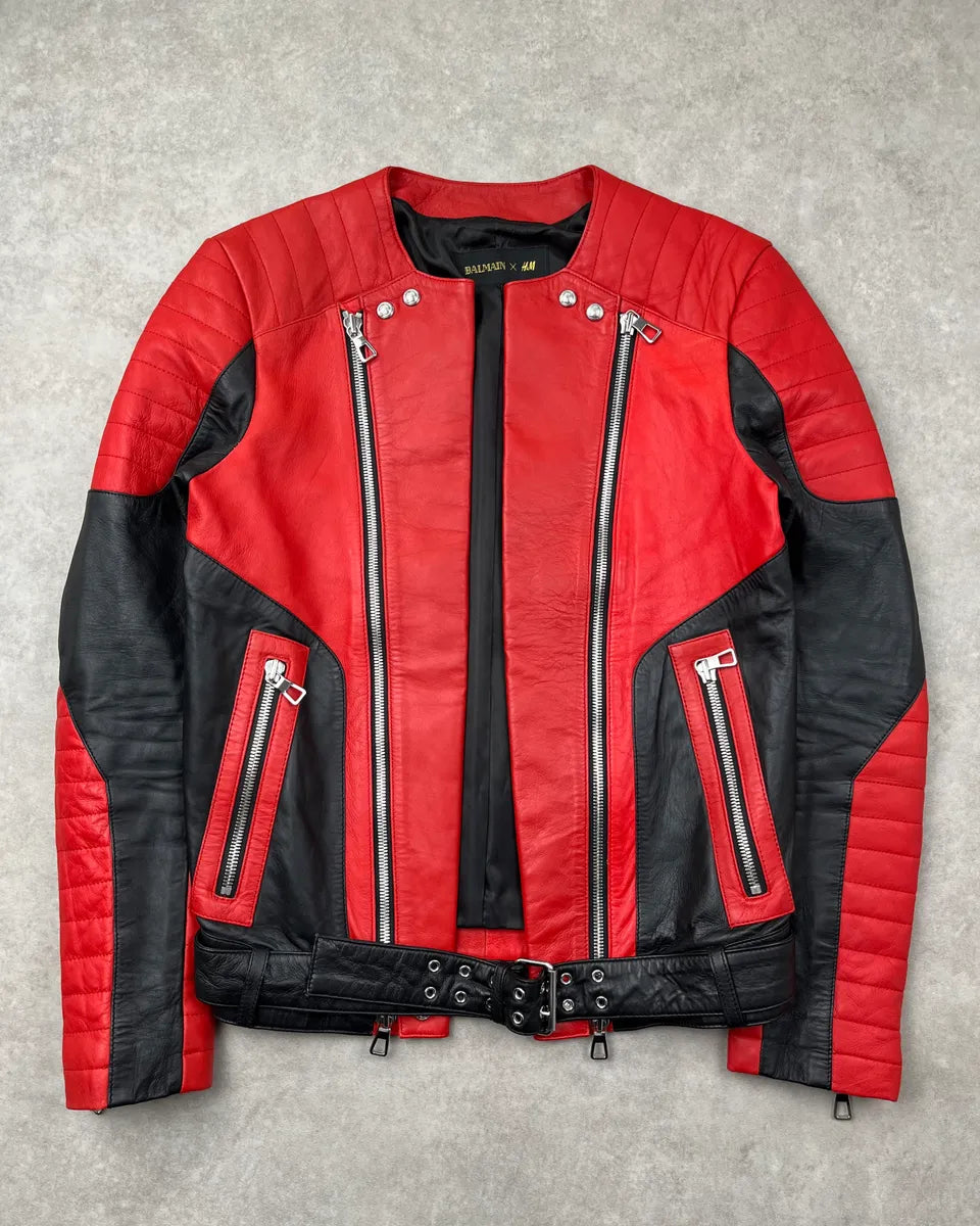 2015 Balmain & H&M Red Leather Quilted Moto Leather Jacket FiyyIPJ 0