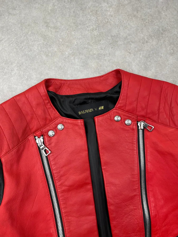2015 Balmain & H&M Red Leather Quilted Moto Leather Jacket FiyyIPJ 5