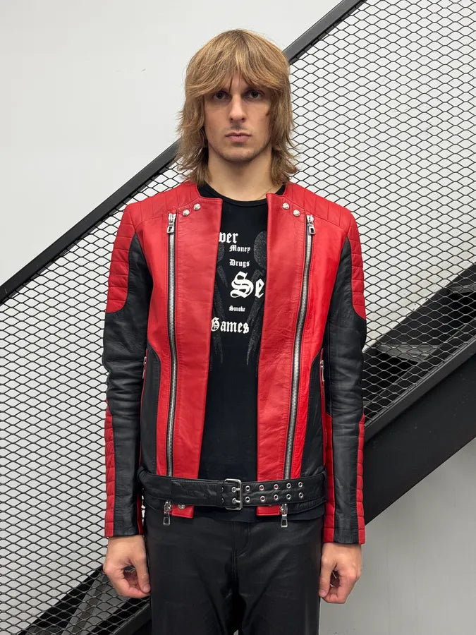 2015 Balmain & H&M Red Leather Quilted Moto Leather Jacket FiyyIPJ 1