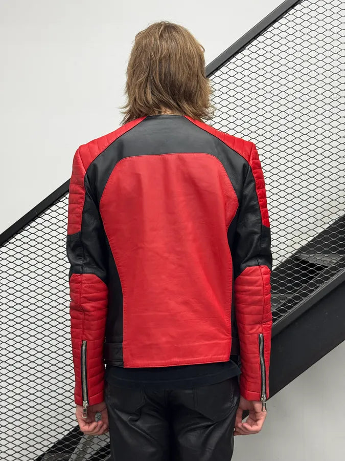2015 Balmain & H&M Red Leather Quilted Moto Leather Jacket FiyyIPJ 2