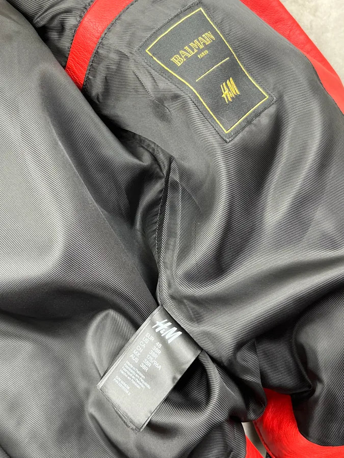 2015 Balmain & H&M Red Leather Quilted Moto Leather Jacket FiyyIPJ 9