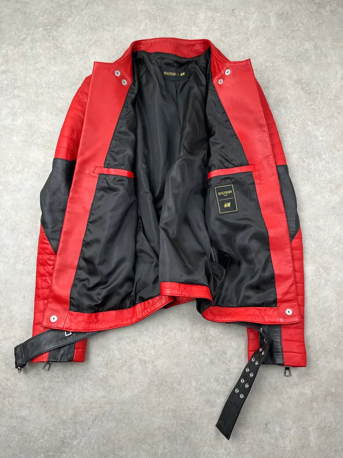 2015 Balmain & H&M Red Leather Quilted Moto Leather Jacket FiyyIPJ 7