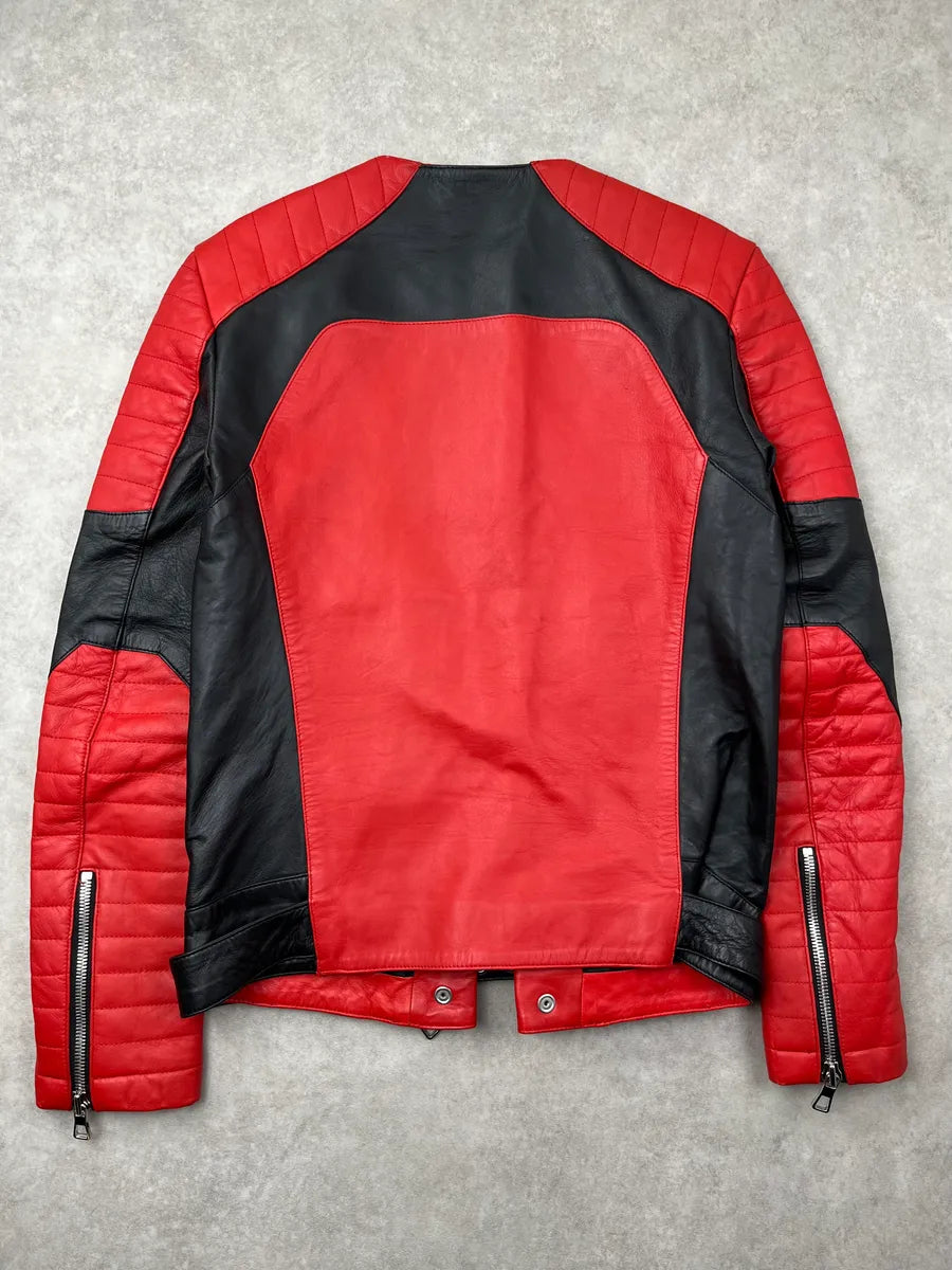 2015 Balmain & H&M Red Leather Quilted Moto Leather Jacket FiyyIPJ 4
