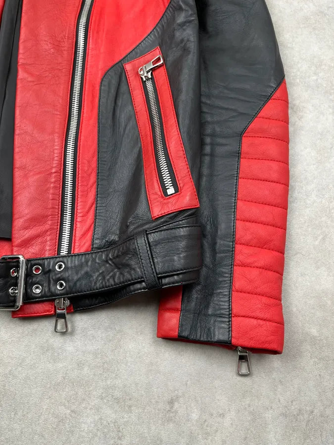 2015 Balmain & H&M Red Leather Quilted Moto Leather Jacket FiyyIPJ 8