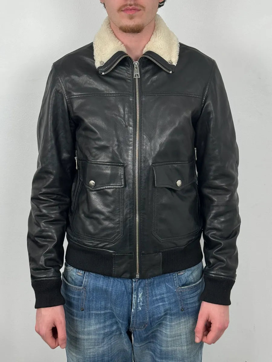 FW2015 Cavalli Black Leather Shearling Collar Jacket JNyskBd 0