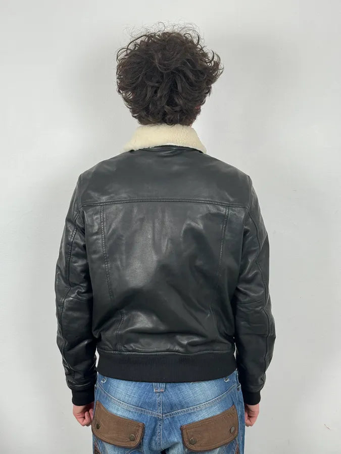 FW2015 Cavalli Black Leather Shearling Collar Jacket JNyskBd 1