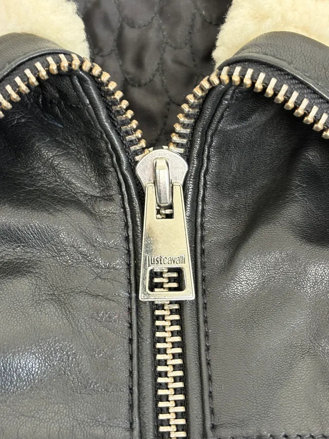 FW2015 Cavalli Black Leather Shearling Collar Jacket JNyskBd 10