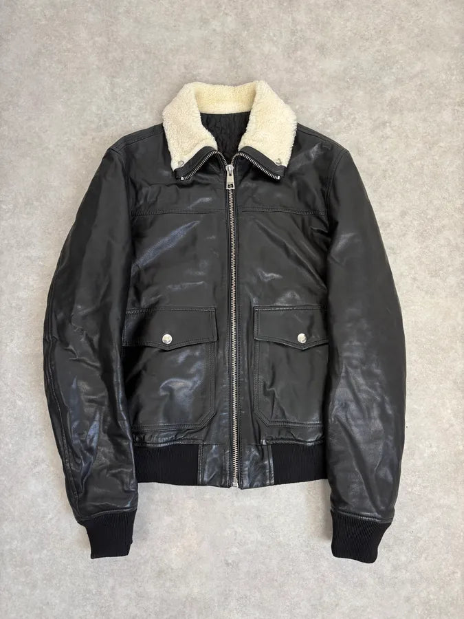 FW2015 Cavalli Black Leather Shearling Collar Jacket JNyskBd 2