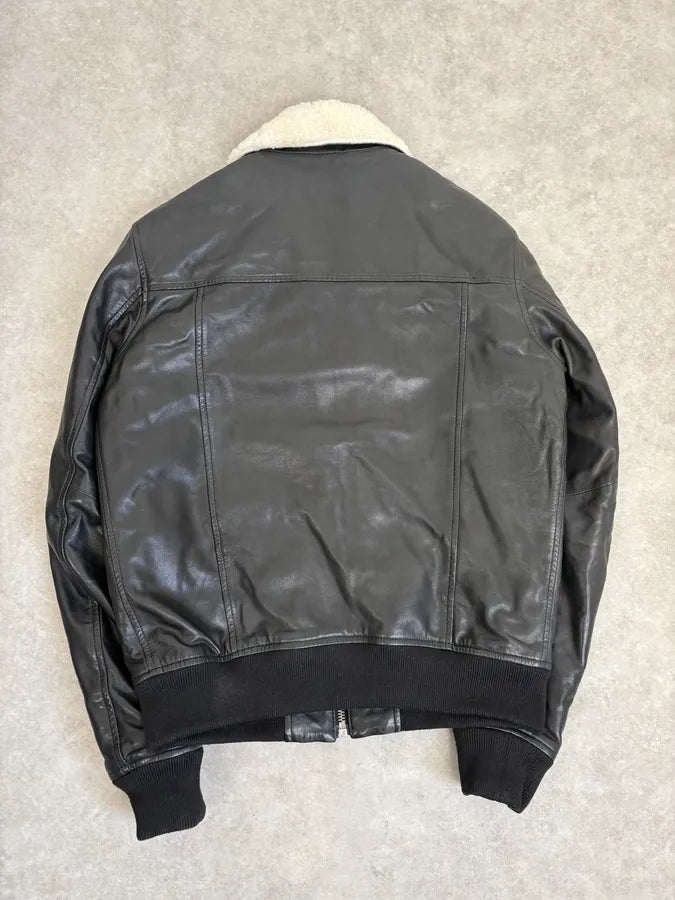 FW2015 Cavalli Black Leather Shearling Collar Jacket JNyskBd 5