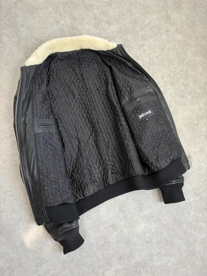 FW2015 Cavalli Black Leather Shearling Collar Jacket JNyskBd 6