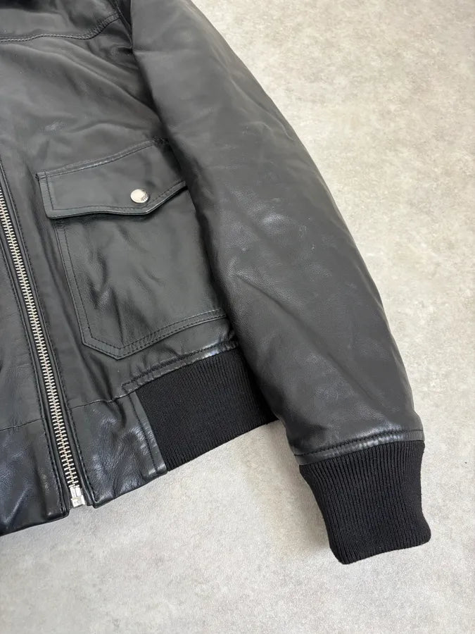 FW2015 Cavalli Black Leather Shearling Collar Jacket JNyskBd 7