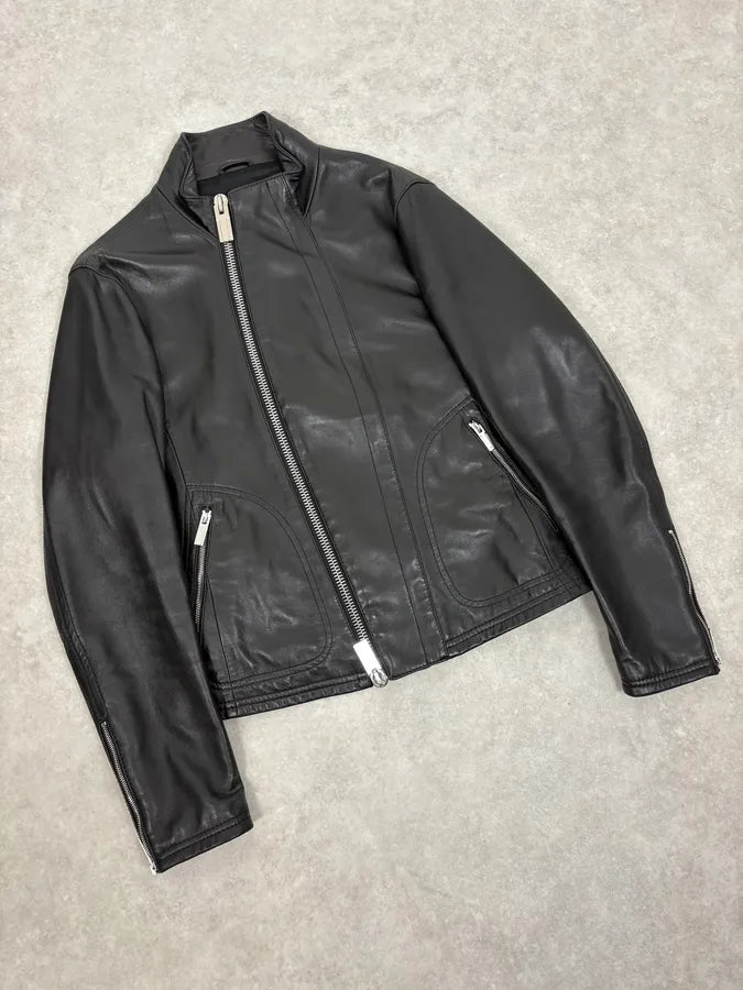 FW2015 Emporio Armani Biker Black Leather Asymmetrical Zip Jacket JtMVlxl 3