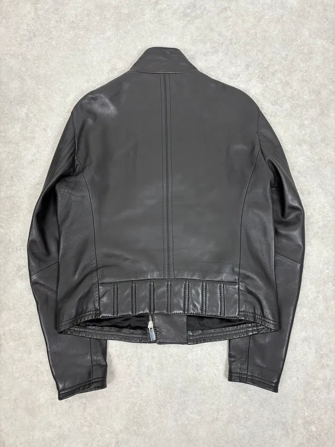 FW2015 Emporio Armani Biker Black Leather Asymmetrical Zip Jacket JtMVlxl 5