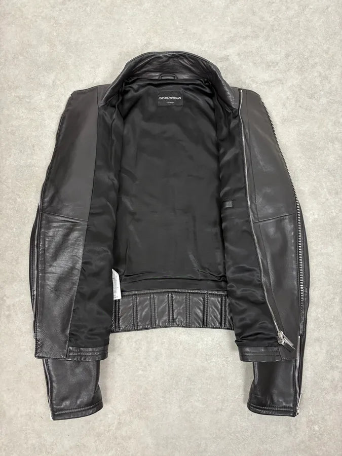 FW2015 Emporio Armani Biker Black Leather Asymmetrical Zip Jacket JtMVlxl 6