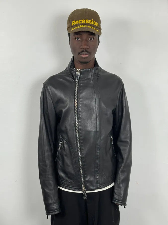 FW2015 Emporio Armani Biker Black Leather Asymmetrical Zip Jacket JtMVlxl 1