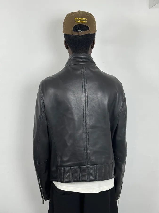 FW2015 Emporio Armani Biker Black Leather Asymmetrical Zip Jacket JtMVlxl 2