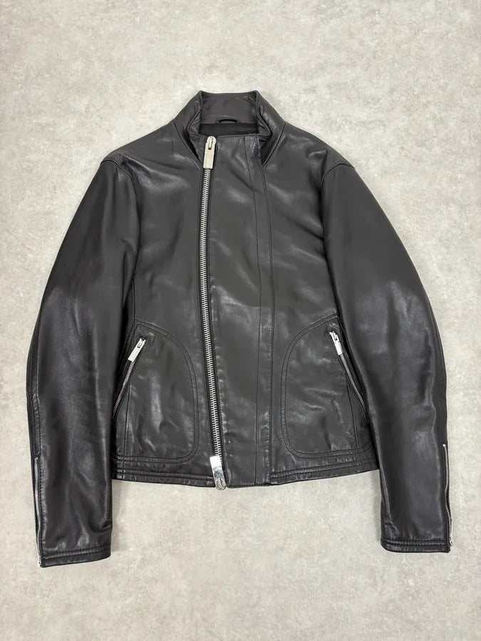 FW2015 Emporio Armani Biker Black Leather Asymmetrical Zip Jacket JtMVlxl 0